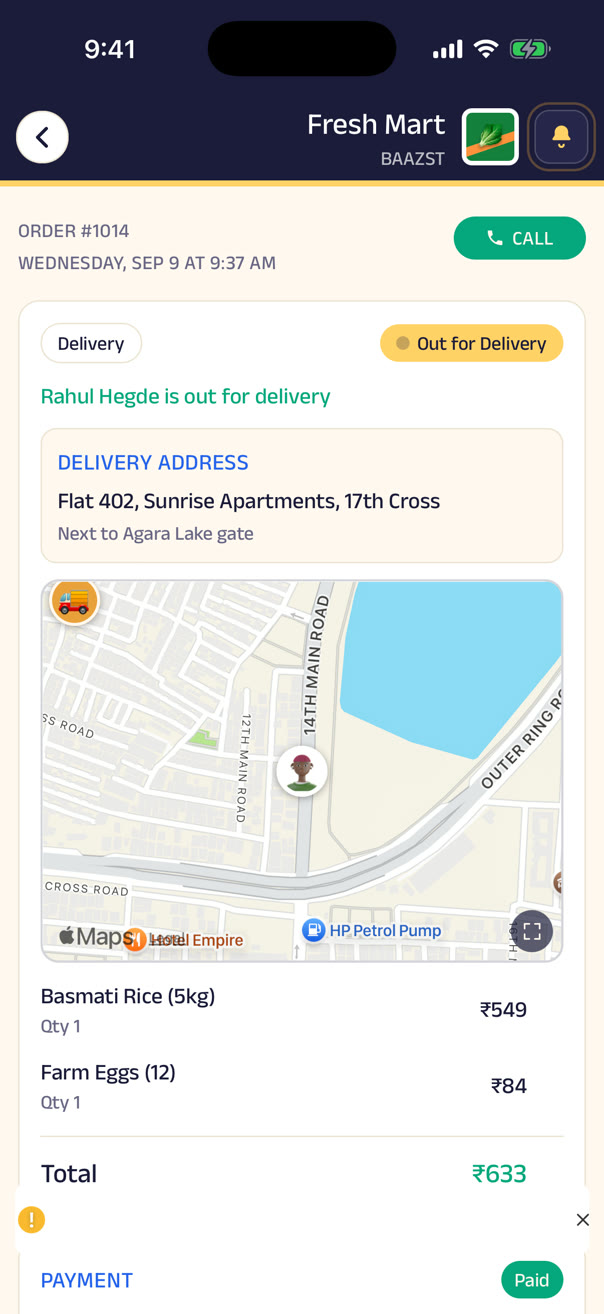 An order out for delivery, with the rider live on the map