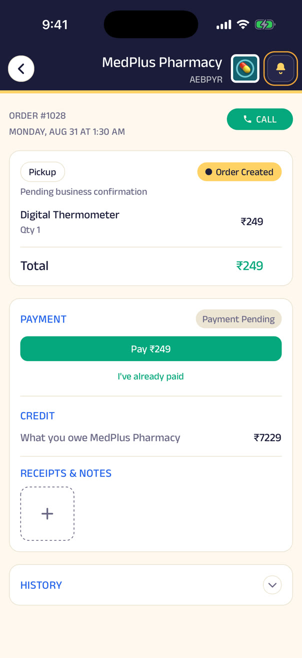 An order waiting on payment, with credit on the account