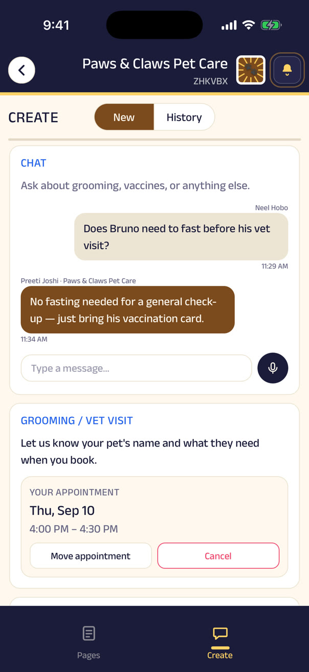 A grooming visit booked, and the pet's records